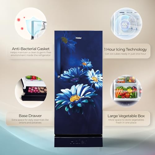 Image of Haier 190 L 5 Star Direct Cool Inverter Single Door Refrigerator with Fast Ice Making, Easy Clean Back, Large Vegetable Box (HED-205MHBA-P, Marine Hilton, Base Stand Drawer, 2026 Model)