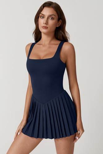 Image of QINSEN Womens Square Neck Tennis Dress Pleated Sleeveless Built in Shorts Golf Athletic Dress with Pockets