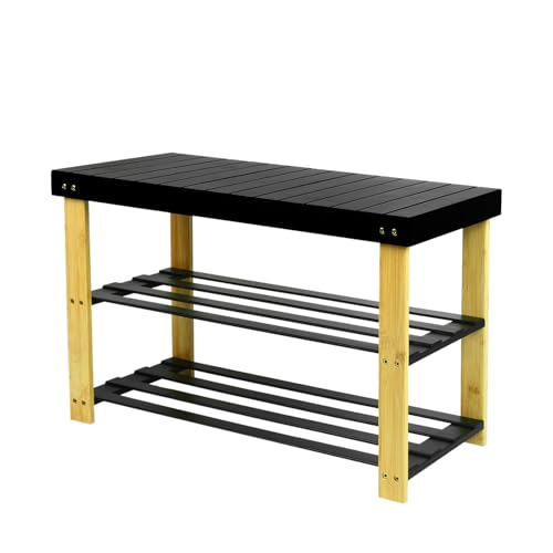 XUANYU 2 en 1 Banco de zapatos 3 niveles, capacidad 6 pares, banco zapatero de bambú, mueble de almacenamiento de entrada, carga 120 kg, ideal para entrada, garaje, salón (negro-madera)