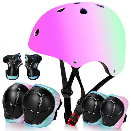Image of Kids Bike Helmet Set Adjustable for Children, Boys, Girls and Teenagers Aged 3-14 Years Includes Elbow, Knee, Wrist Guards Children's Helmet Protection Set for Bikes SkateboardsRollerskates
