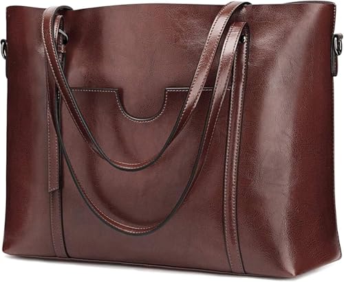 Bolsa feminina de couro genuíno grande para trabalho com zíper, bolsa de mão com vários compartimentos para laptop de 14 polegadas, Café, Moderno