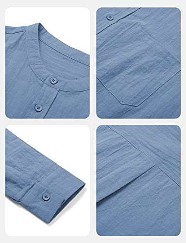 Tureface Men's Casual Button-Down Shirts Linen Cotton Long Sleeve Collarless Blue Beach Shirts For Men #TOP3