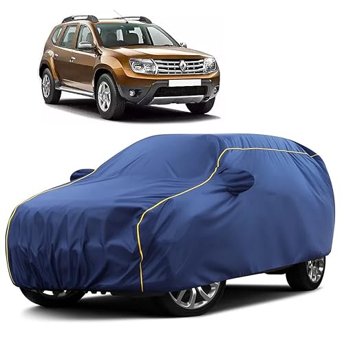 Image of Sulfar 100% Water Resistant Car Body Cover Compatible with Mirror for Renault Duster (Triple Stitched, Full Bottom Elastic, Blue Taffeta with Yellow Piping)