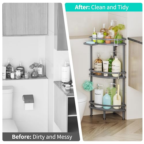 Image of HapiRm Standing Corner Shower Caddy - 3 Tier Shower Organizer Corner with Soap Holder and 4 Hooks, Rustproof Bathroom Storage Shelves with Adhesives, Grey