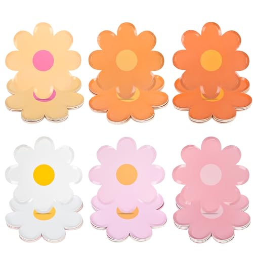 Image of 24Pcs Groovy Daisy Paper Plates Floral Shaped Scalloped Dinner Plates | 9inch,6 Colors,Disposable Retro Boho Flowers Disposable Plates for 70s Birthday Baby Shower Party Supplies
