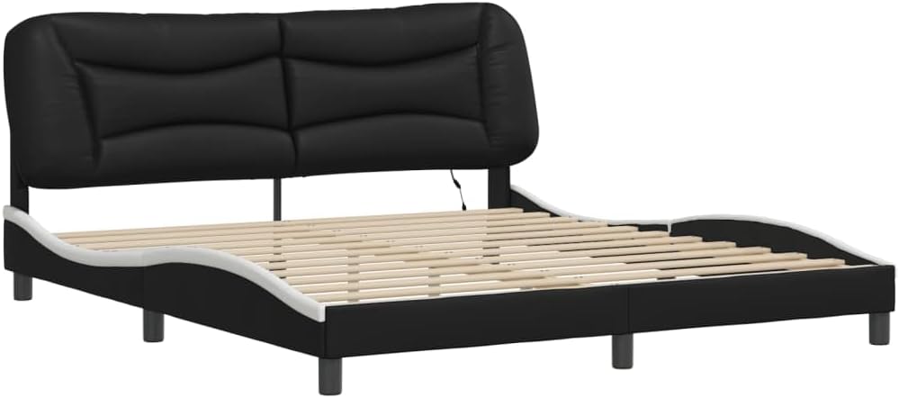 Bed Frame with LED Lights Black and White 72"x83.9" Durable Faux Leather Platform with Plywood Slats Sturdy Heavy-Duty Foundation No Box Spring Needed Modern Bedroom Furniture
