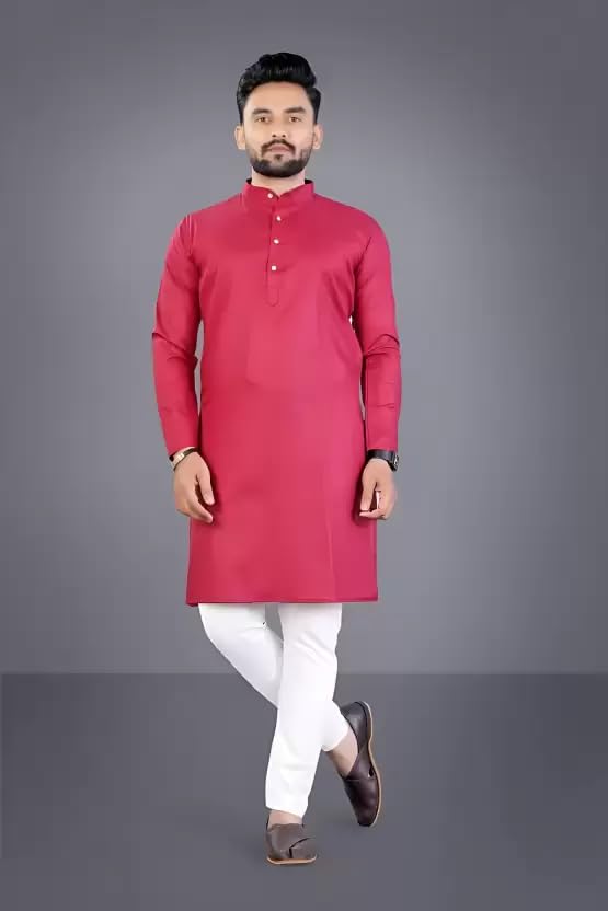 Image of weltpocket Men's Cotton Blend Solid Straight Kurta Pyjama