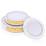 AKOLAFE 50 platos de plástico blancos con borde plateado, 2 tamaños, platos de plástico reutilizables de 19 cm y 26 cm, platos de plástico resistentes, platos reutilizables para bodas, fiestas