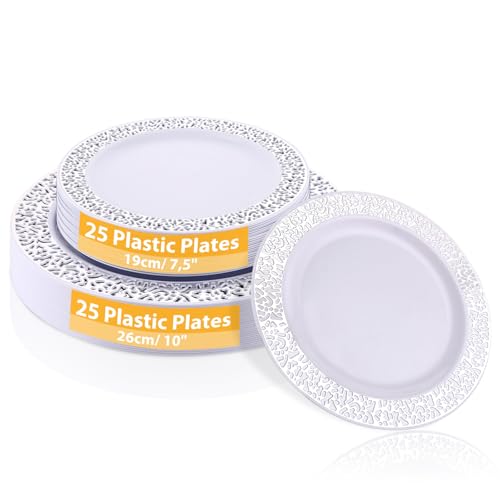 AKOLAFE 50 Weiße Plastikteller mit Silberrand, 2 Größen Mehrweg...