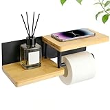 XRVRILE Support Papier Toilette Mural   avec ou sans Perçage   Porte Papier Toilette en Bois & Métal   Distributeur Rouleau Papier WC PQ   Noir & Bambou