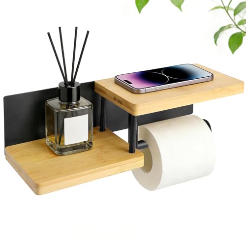 XRVRILE Support Papier Toilette Mural - avec ou sans Perçage - Porte-Papier Toilette en Bois & Métal - Distributeur Rouleau Papier WC PQ - Noir & Bambou