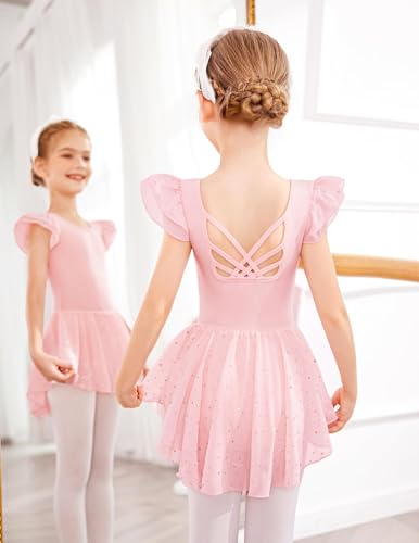Image of Arshiner Girls Shiny Ruffle Sleeve Ballet Leotard with Skirt Criss-Cross Back Dance Dresses