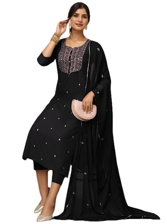 Kurta droite brodé pour femme en viscose noire ensemble 3 pièces taille L