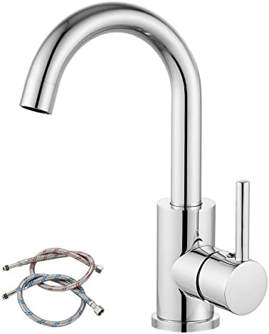 Airuida Chrome Polish Wet Bar Sink Faucet Single Handle Farmhouse Kitchen Small RV Bathroom Faucet Deck Mount Vanity Lavatory Mixer Tap One Hole 360 Degree Swivel Spout with Supply Hoses