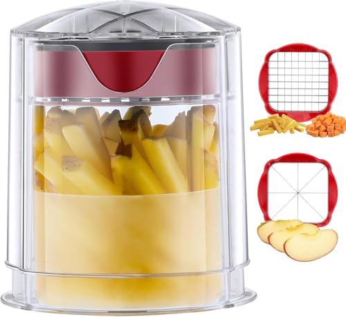 Pommesschneider Professioneller Kartoffelschneider mit 2 Edelstahl Klingen, Pommes Cutter Edelstahl für Gleichmäßige Schnitte, Gemüseschneider Obstschneider BPA-Frei, Leicht Reinigen und Platzsparend