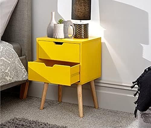 Image of Storage Nightstand Mid-Century Modern Bedside Table with Solid Wood 4 Legs Minimalist and Practical End Side Table- 2 Drawer-Yellow
