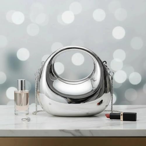 Bolsa clutch prateada metálica meia-lua com alça de corrente, bolsa noturna minimalista brilhante para festas e uso diário, bolsa moderna acessível