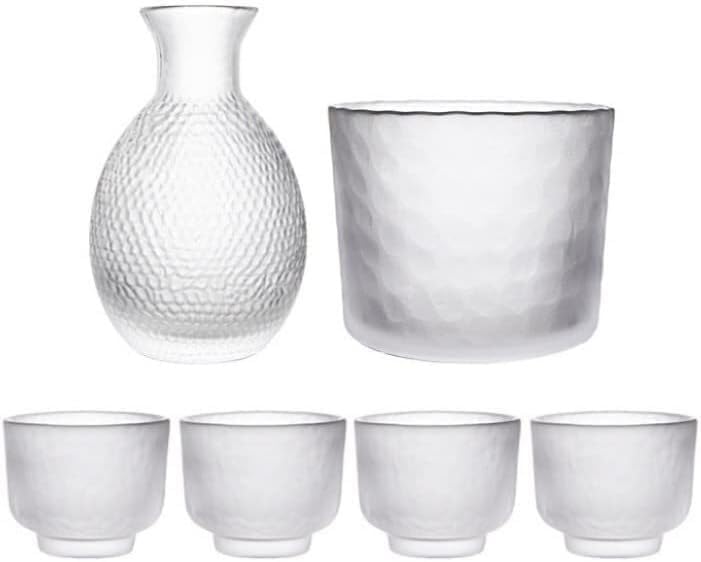 Sake Set,Frosted Glass Decanter Cups,330Ml Sake Bottle and 4 Sake Cups 1Wine Warmer for Warmer Or Cold Wine
