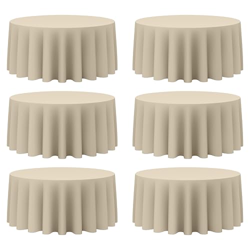 Image of BRILLMAX 6 Pack Beige Round Tablecloths 132 Inch - Circle Bulk Linen Polyester Fabric Washable Table Cloth Cover for Wedding Reception Banquet Birthday Party Buffet Restaurant