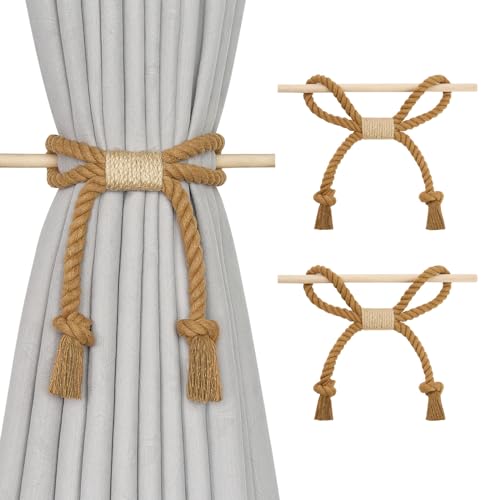 Pretty Jolly 2 Pack Natural Cotton Rope Curtain Tiebacks Boho Rustic Style Decorative Drape Tie Backs Farmhouse Hand-Woven Curtain Holdbacks with Wood Club for Home Office Drapery (Cotton knot-Khaki)