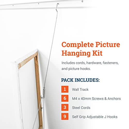 Image of PHS Picture Rail Hanging System 79 Inches- Art Gallery Wall Kit with Aluminum Track, Steel Cables & Adjustable Hooks| Professional Picture Hanging Rail for Art Frames & Paintings up to 154 lbs -1 Pack