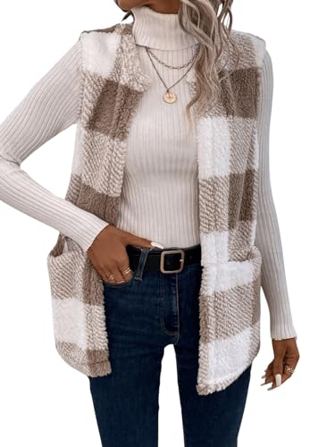 GORGLITTER Women's Plaid Teddy Vest Coat Sleeveless Open Front Long Vest Pockets Fuzzy Outerwear3
