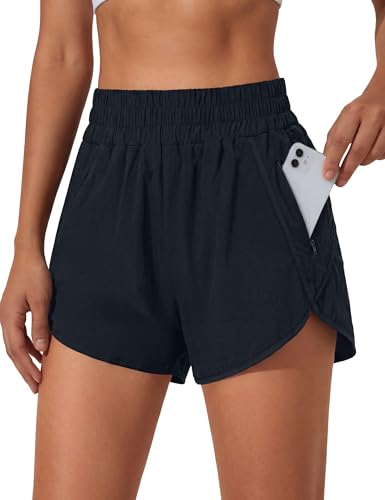 Image of BMJL Women's Athletic Shorts Running Workout Shorts Gym High Waisted Summer Short with Waistband Pocket | built-in liner,thick elastic waistband,split side,comfy fabric,zipper pocket,longer back,workout,athletic,curved back line