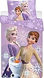 Disney Frozen Bettwäsche-Set für Juniorbett | 100x135 cm Bettbezug & 40x60 cm Kissenbezug, 100% Baumwolle | Weiche, atmungsaktive Kinderbettwäsche mit ELSA, Anna & Olaf | Lila Schneeflocken-Design