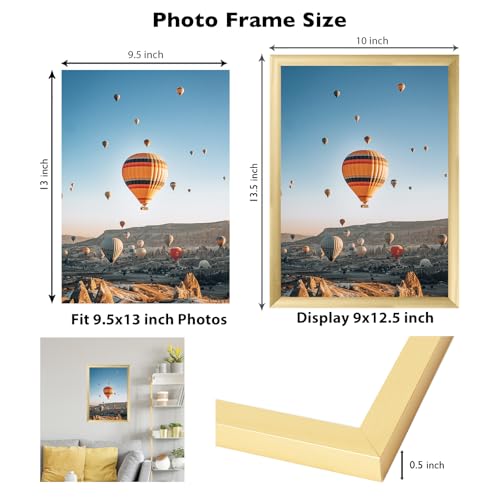 Image of JCJMY 9.5x13 Picture Frame Gold for Wall Hanging, Wall Mounting Horizontally or Vertically, 9.5 x 13 Wall Gallery Poster Photo Frame with Shatter Resistant Plexiglass,Gold