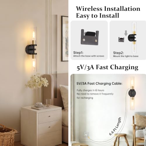 Image of Shenmoyl Set of 2 Wall Sconces, 7800 mAh Battery Operated Wall Sconce with 3 Colors & Remote Control, Black Gold Rechargeable Wall Lamp with Clear Glass Shade for Bedroom, Bathroom, Stairwell, Hallway