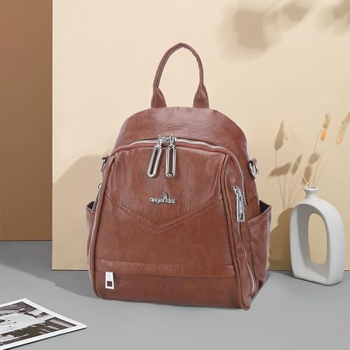 Image of Angel Kiss Small Backpack Purse for Women,Soft Vegan Leather Roomy Backpacks,Designer Ladies Shoulder Backpack Fashion Handbag with Removable Strap,Brown