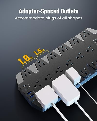 Surge Protector Power Strip, SUPERDANNY 18 AC Outlets with 4 USB Ports, 1875W/15A, 2100J, 6.5FT Flat Plug Heavy Duty Extension Cord with Wall Mount Holes for Home, Office, Gaming Room,Dorm, Black