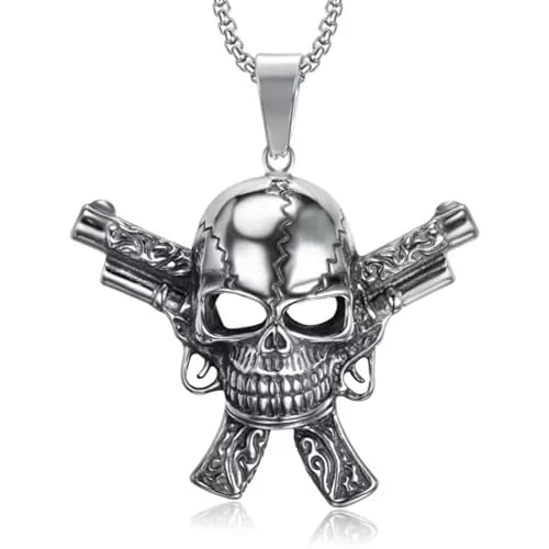 Mens Stainless Steel Motorcycle Biker Double Gun Warrior Skull Pendant Necklace-Triangle Buckle