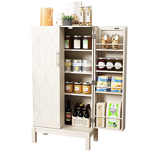HOLTICO 45'' Kitchen Pantry Cabinet, Storage Cabinet with Doors and Adjustable Shelves, Food Pantry for Kitchen, Dining Room, Living Room and Garage, White Legs,Ivory White
