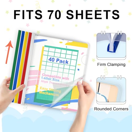 TOTiyea 40 Pack Clear Report Covers with Sliding Bars, 9mm (70 Sheet Capacity) Colorful Sliding Bar File Folders, for Letter Size