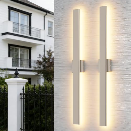 Image of Aipsun 2 Packs Nickel Outdoor Wall Light 39.4inch Modern LED Exterior Wall Sconce, Long LED Linear Exterior Lights 3000K 4000K 6000K for Entrance, Hallway, Garage, Porch(3CCT)