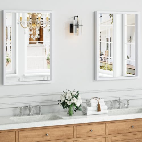 Image of Syndra White Wood Frame Bathroom Mirror, 22''x30'' Modern Vanity Mirror for Wall, Waterproof Slim Deep Frame, Rectangular HD Tempered Glass Mirror for Living Room, Bedroom, Entryway, Rustic, Farmhouse