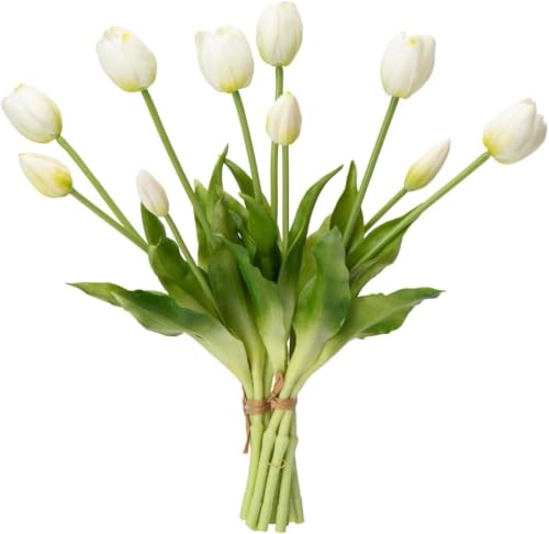 Laelfe 10 Piezas Tulipanes Artificiales de Látex Tacto Real (Blanco)
