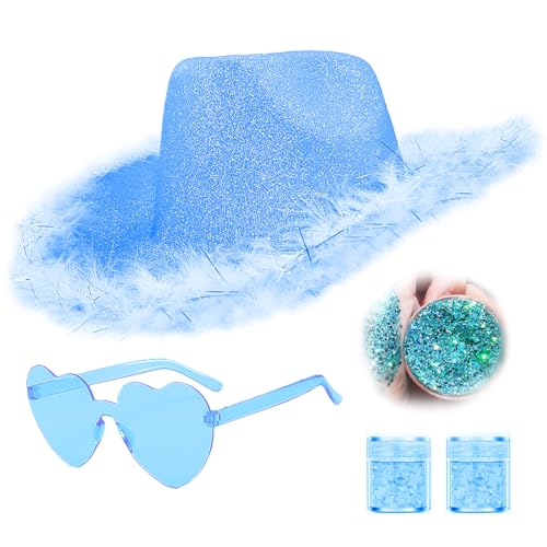 Image of SHENYI Glitter Cowgirl Hat with Heart Sunglasses Body Glitter Face Glitter Cowboy Hat for Women Men Music Festival Party