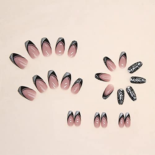 Leopard Fake Nails Black and Silver Glitter Fake Nails for Women and Girls Daily Decoration 24 PCS, 0.83 g (Pack of 24) - Image 2