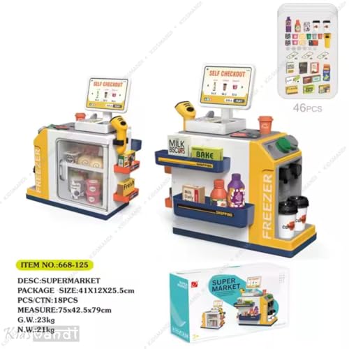 Image of Kids Mandi Cash Register Playset for Kids | 48 PCS Supermarket Pretend Play Toy with Scanner, Grocery Game Food Set & Play Food | Educational Store Toy (Yellow)