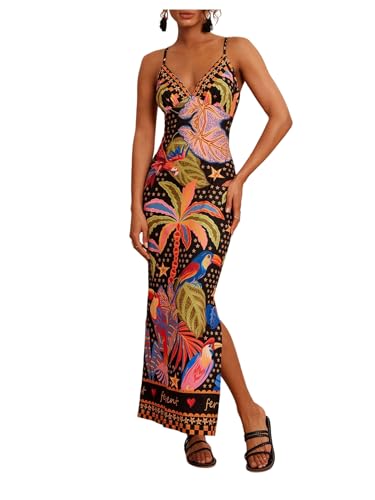 Women's Tropical Graphic V Neck Midi Dresses Sleeveless Split Beach Vacation Cami Dress