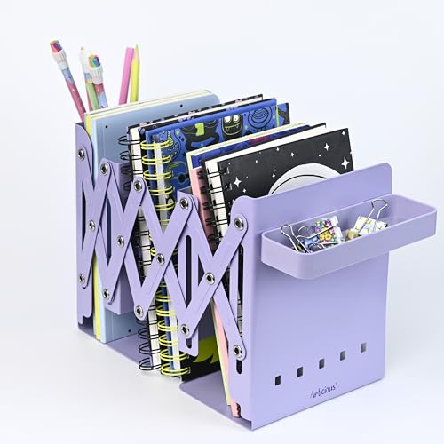 Image of Adjustable Bookend Organizer with Pen Holder | Expandable Desk Bookshelf for Office, Study, and Home | Book Rack Stand for Books, Files & Stationery (Extends Up to 17 Inches) (Purple)