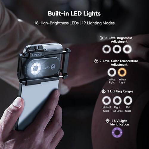 Image of APEXEL 3-in-1 Phone Microscope Lens, PhoneMicro 5 Series 100X /200X /300X Phone Micro Lens for Android /iPhone with LED Light /CPL /Universal Clip, Phone Lens Attachment Mini Pocket Microscope Camera
