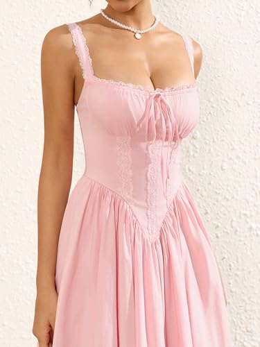 Image of Womens Summer Floral Mini Dress Square Neck Tie Front Lace Spliced Ruched Backless Casual Party Graduation Short Dresses