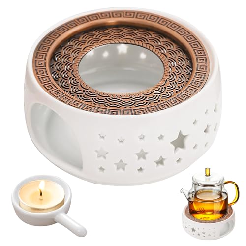 PORFOYO Stövchen für Teekanne, Stövchen Keramik mit Teelichthalter, Kaffeewärmer, Teekanne Stövchens, Weiß Teewärmer Hohl Geschnitztes Design, Teekanne Wärmer für Wärmeerhaltung Tee Kaffee