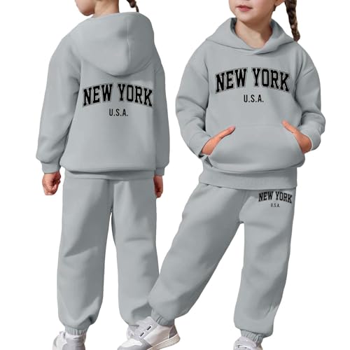 Girls Sweatsuit Set New York Letter Print Pullover Hoodie Sweatshirt and Jogger Sweatpants 2 Piece Fall Outfit 2-13Years