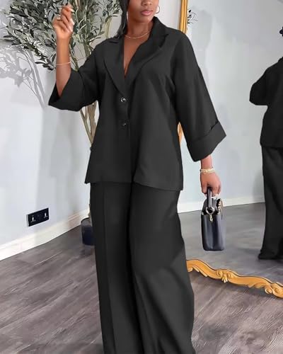 Casual Blazer Pants Suits for Women Dressy Oversized Long Sleeve Blazer and Wide Leg Pants 2 Piece Outfits4