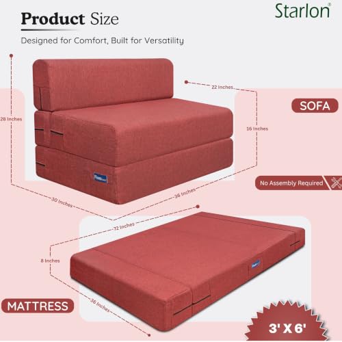 Image of Starlon 1 Seater Foldable Sofa Cum Bed 3-in-1 with Washable Jute Fabric Cover, Space Saving Guest Bed for Living Room & Apartment, Pre-Assembled Royal Maroon 3x6 Ft