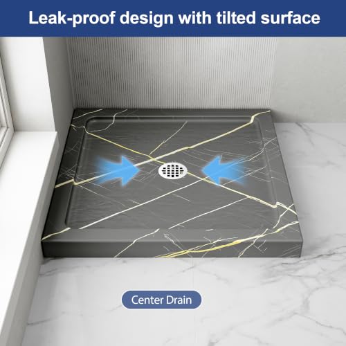 Image of KPUY 32'' L X 32'' W Shower Base Pan with Center Drain, Blackish-gray